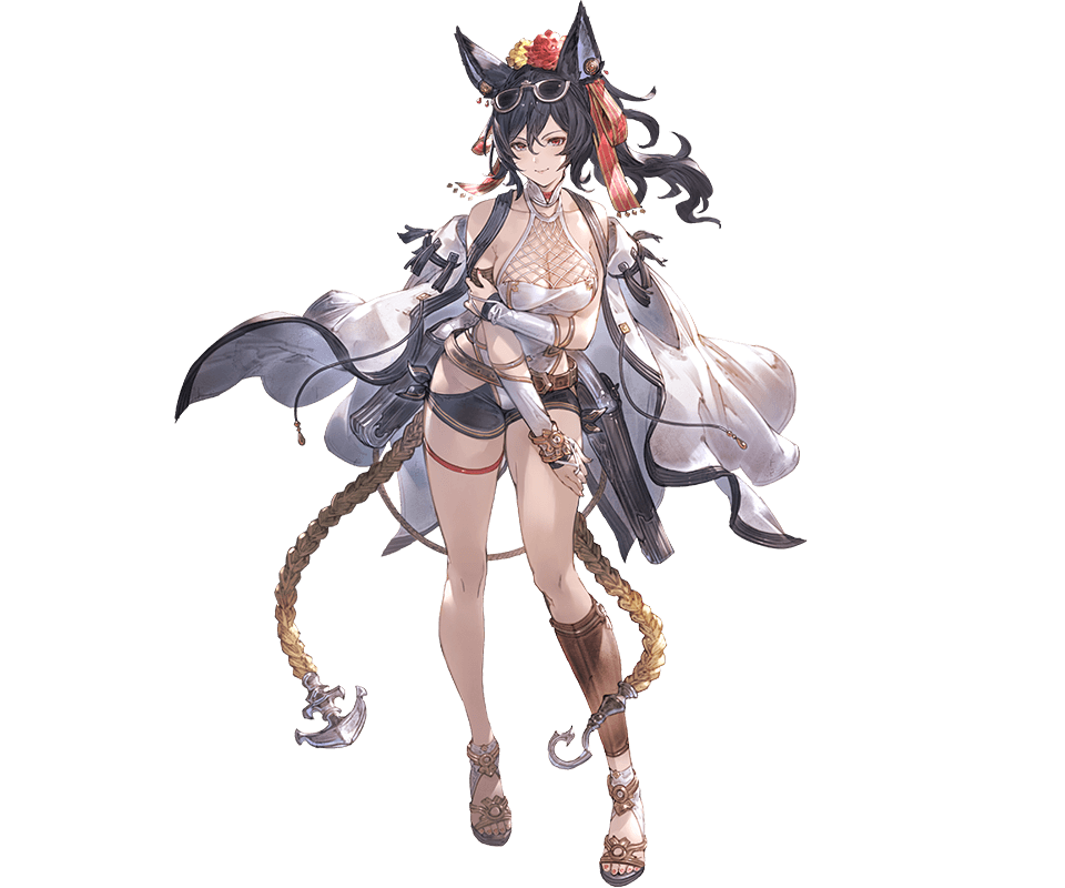 1girl, animal_ears, bare_shoulders, black_hair, bridal_gauntlets, closed_mouth, eyewear_on_head, granblue_fantasy
