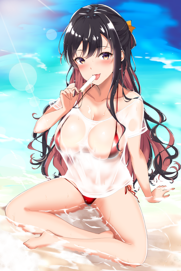 1girl, :p, arm_support, bangs, beach, bikini, black_hair, blush