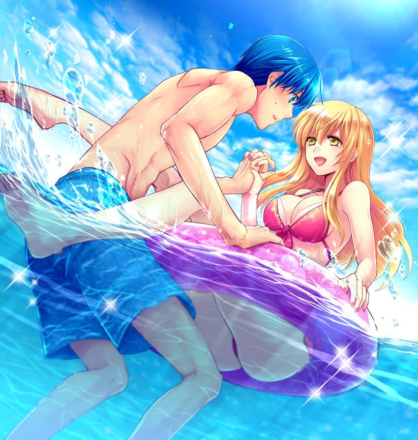 1boy, 1girl, bikini, blonde_hair, blue_eyes, blue_hair, blue_sky, breasts