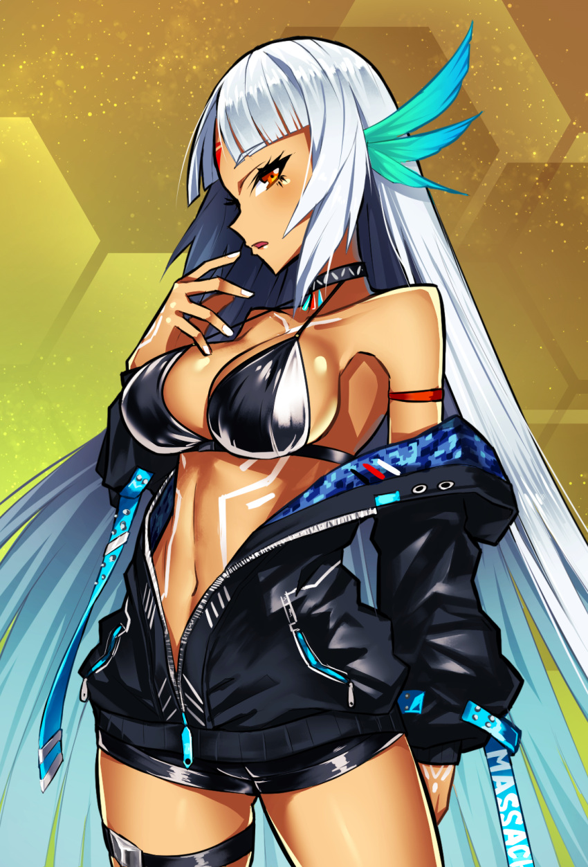 1girl, armband, azur_lane, bangs, bare_shoulders, black_bikini_top, black_choker, black_jacket