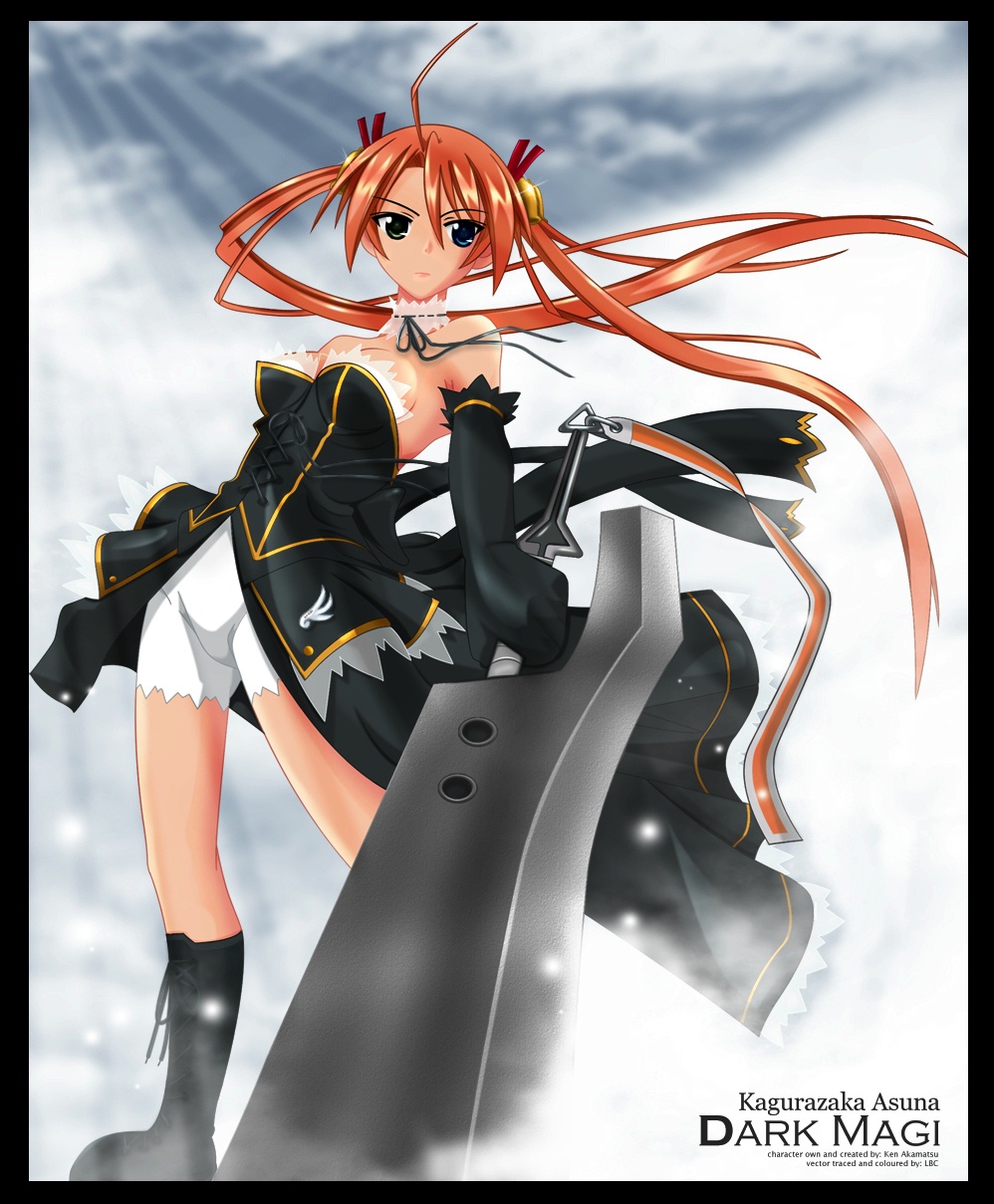 boots, dress, ensis_exorcizans, gloves, hair_ornament, heterochromia, highres, kagurazaka_asuna, mahou_sensei_negima, mahou_sensei_negima!, sword, twintails, weapon