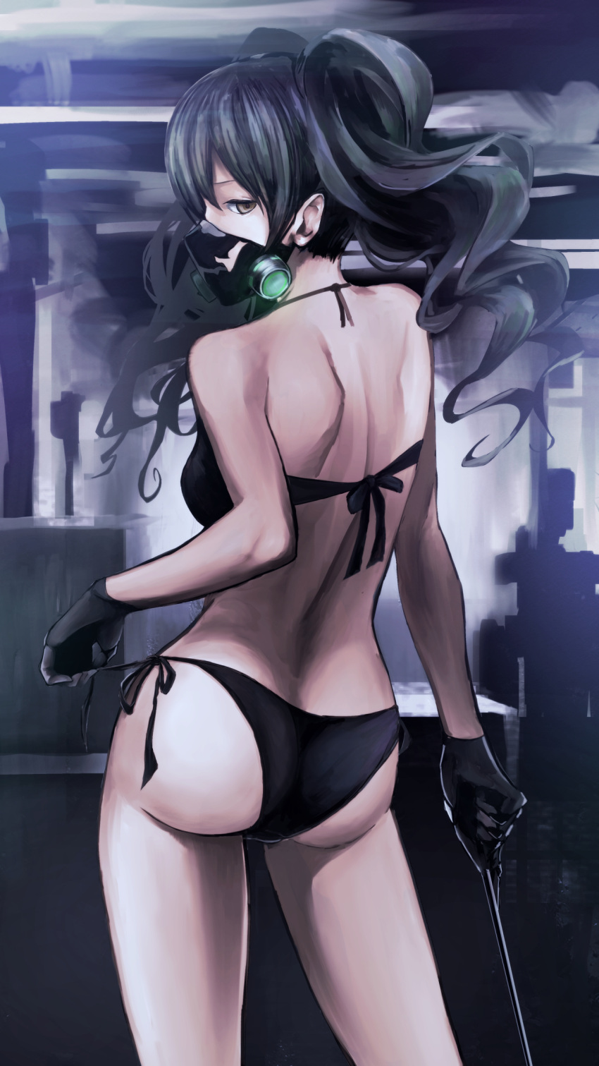 1girl, ass, bangs, bare_shoulders, baton_(instrument), black_bra, black_gloves, black_hair