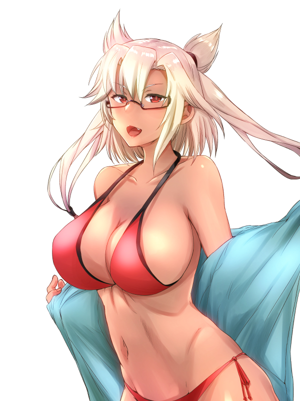 1girl, alternate_costume, bangs, bikini, blonde_hair, breasts, cleavage, collarbone, dark_skin, eureka_(eureka-0075), eyebrows_visible_through_hair, fang, glasses, groin, hair_between_eyes, kantai_collection, large_breasts, long_hair, looking_at_viewer, musashi_(kantai_collection), navel, open_mouth, pointy_hair, red_bikini, red_eyes, semi-rimless_eyewear, shirt, short_hair_with_long_locks, side-tie_bikini, simple_background, smile, solo, stomach, swimsuit, toned, twintails, two_side_up, undressing, white_background