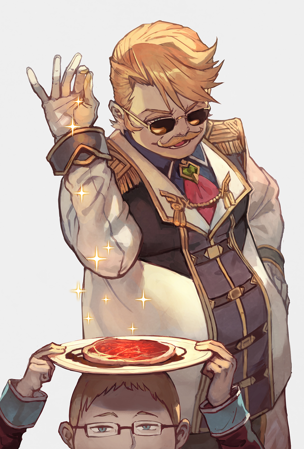 2boys, blonde_hair, epaulettes, facial_hair, fate/grand_order, fate_(series), food, glasses