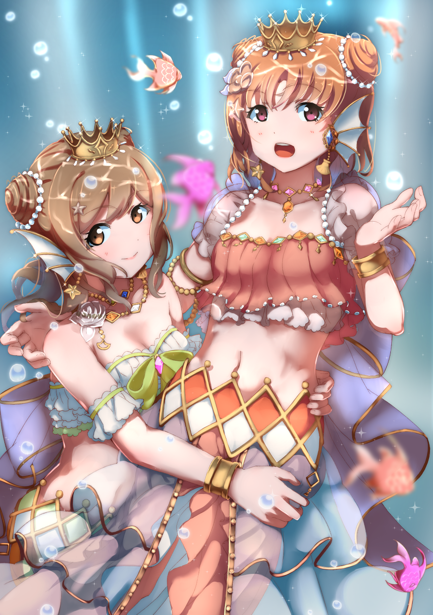 2girls, :d, air_bubble, ajapar, arm_around_shoulder, armlet, bangs, bracelet