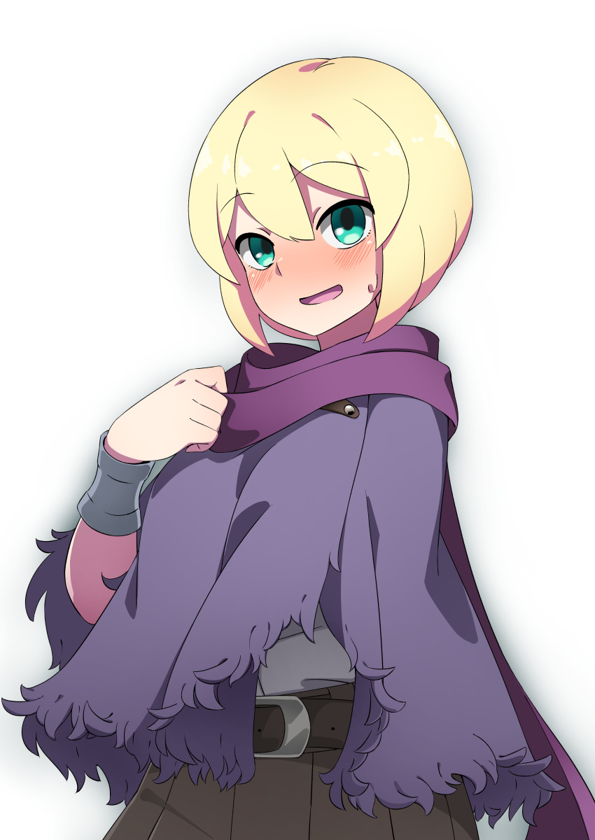 1girl, absurdres, aqua_eyes, bangs, belt, belt_buckle, black_belt, blonde_hair, blush, bob_cut, bracer, buckle, cordelia_ravus, hair_between_eyes, highres, kanon563, octopath_traveler, purple_scarf, scarf, short_hair, smile, solo