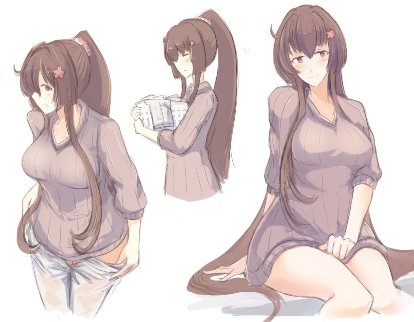1girl, blush, breasts, brown_hair, closed_eyes, closed_mouth, flower, hair_between_eyes, hair_flower, hair_ornament, highres, kantai_collection, large_breasts, long_hair, looking_at_viewer, mizuchi_(mizuchi7118), ponytail, red_eyes, simple_background, smile, solo, sweater, underwear, very_long_hair, white_background, yamato_(kantai_collection)