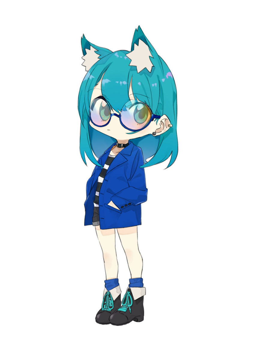 1girl, :|, animal_ears, aqua_eyes, aqua_hair, bangs, black_collar, black_footwear