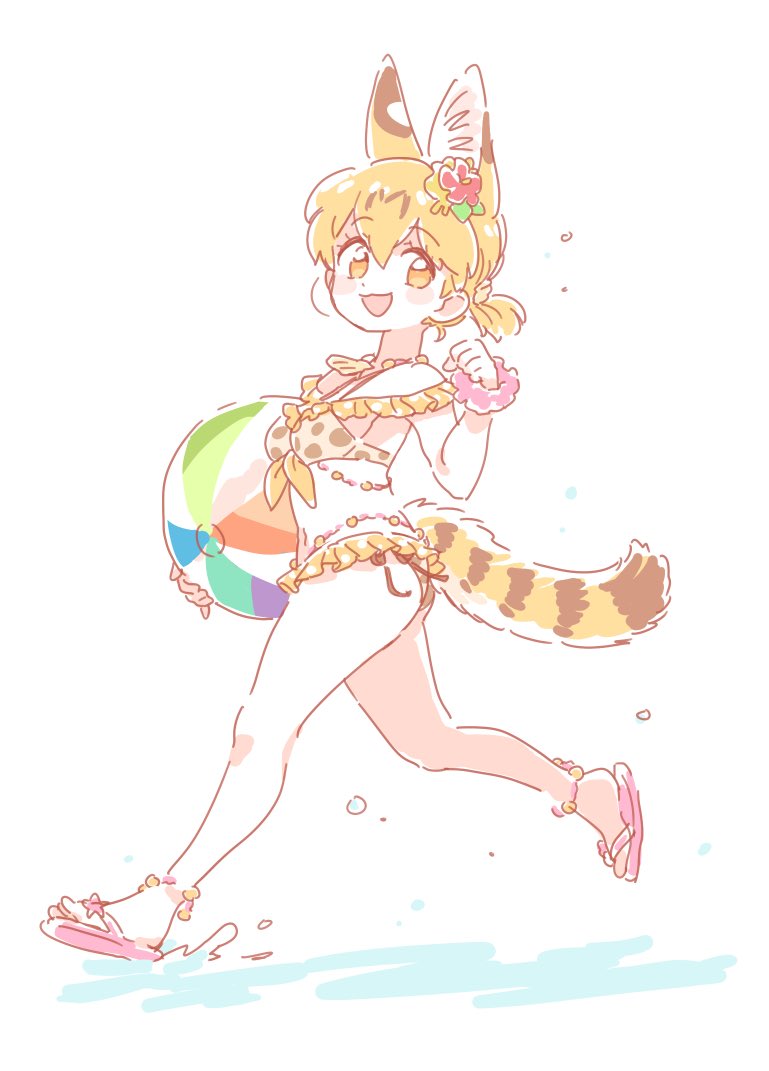 1girl, :3, :d, alternate_costume, alternate_hairstyle, animal_ears, anklet, ball