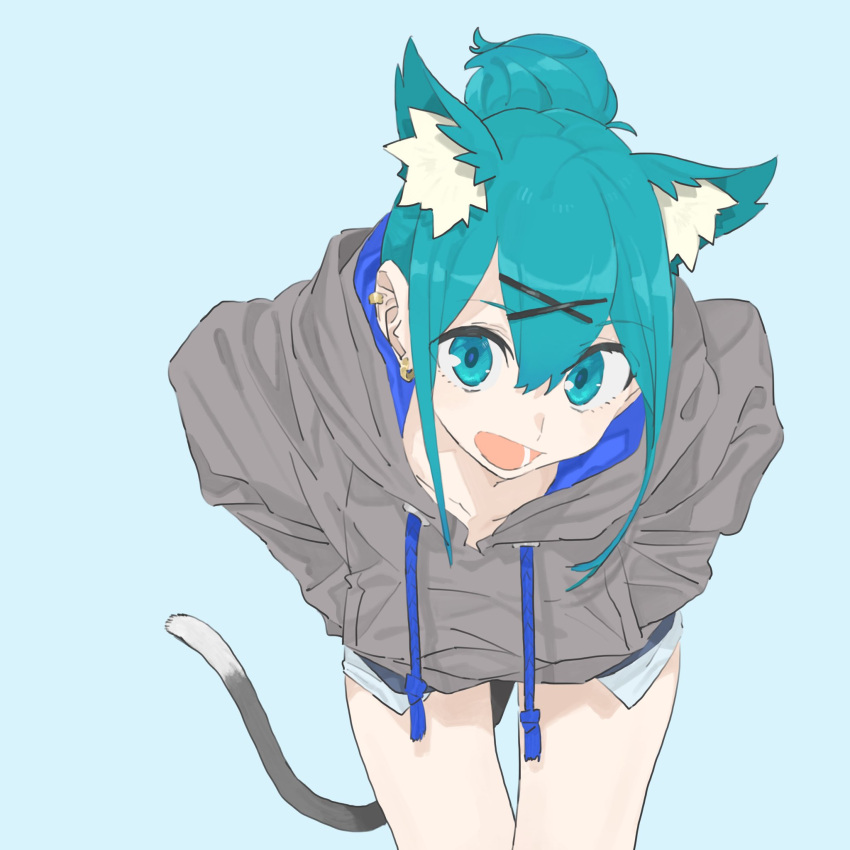 1girl, :d, animal_ears, aqua_eyes, aqua_hair, bangs, blue_background, cat_ears