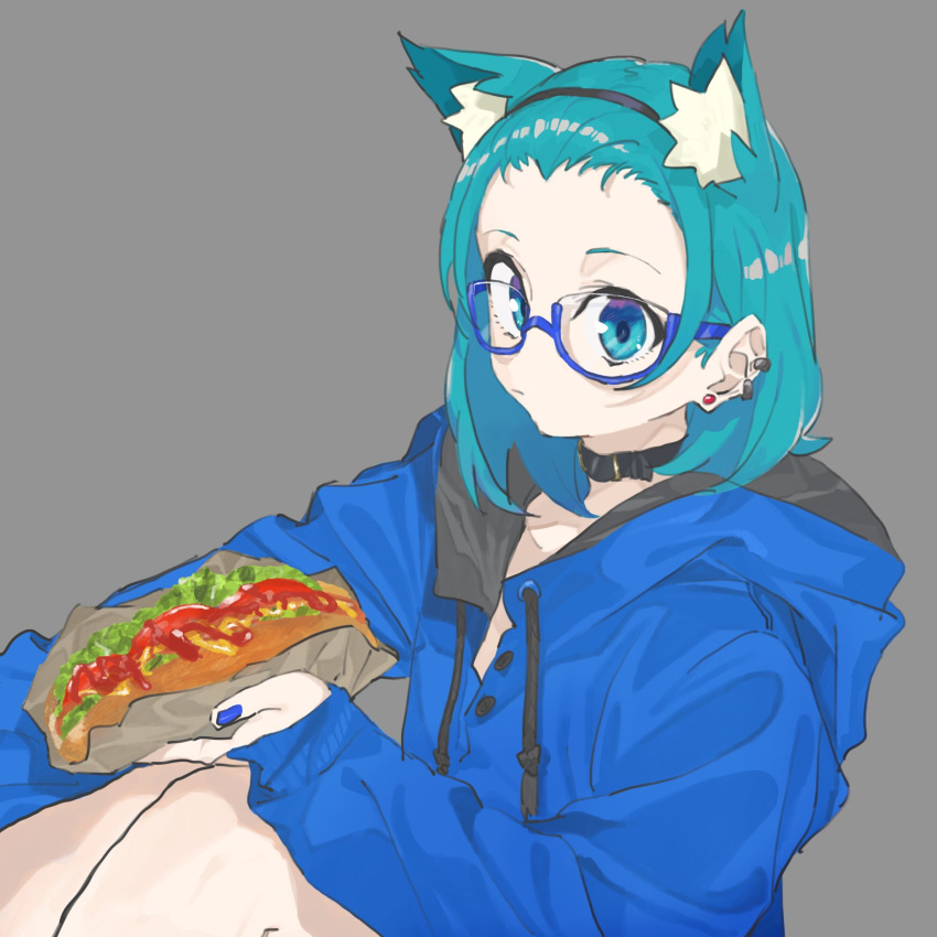 1girl, :|, animal_ears, aqua_eyes, aqua_hair, bangs_pinned_back, black_collar, blue-framed_eyewear