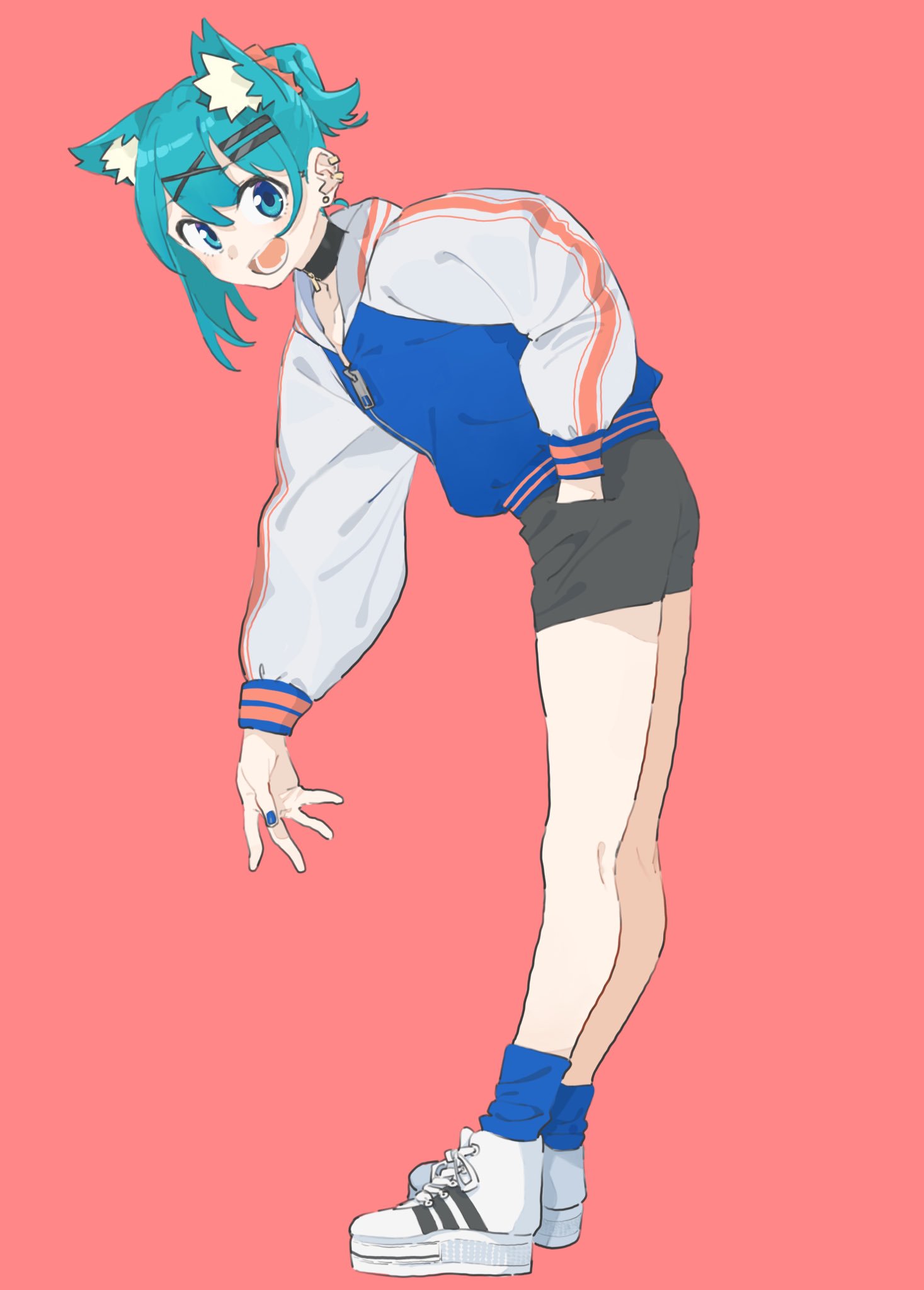 1girl, :d, animal_ears, aqua_eyes, aqua_hair, bent_over, black_choker, black_shorts
