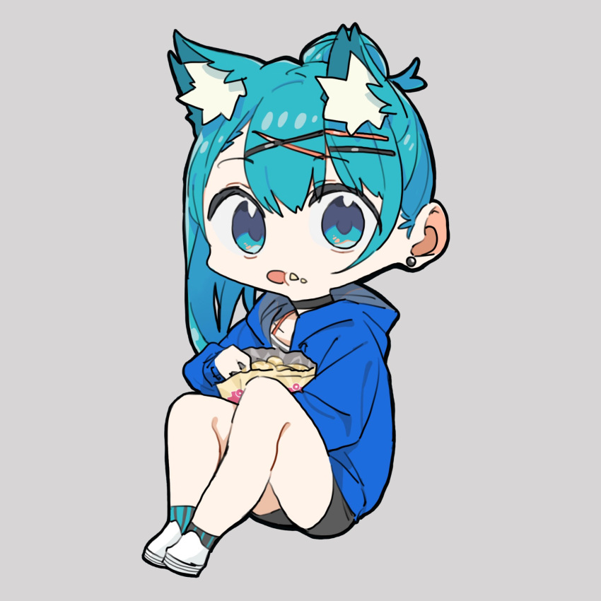 1girl, :o, animal_ears, aqua_eyes, aqua_hair, black_shorts, blue_jacket, cat_ears, chibi, chips, earrings, eating, eir_(machi), eyebrows_visible_through_hair, food, food_on_face, grey_background, hair_bun, hair_ornament, hairpin, highres, hood, hood_down, hooded_jacket, jacket, jewelry, knees_up, long_sleeves, looking_at_viewer, machi_(wm), original, potato_chips, shorts, simple_background, sitting, socks, solo, striped, striped_legwear, vertical-striped_legwear, vertical_stripes, white_footwear, x_hair_ornament