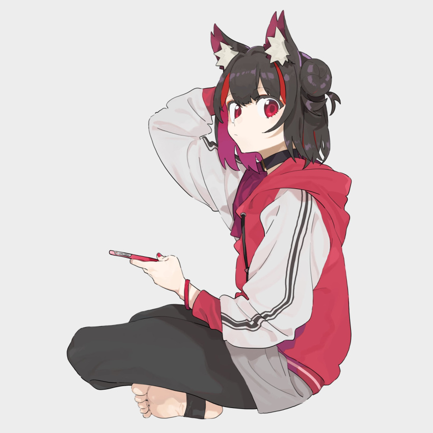 1girl, animal_ears, black_collar, black_hair, black_pants, cat_ears, cellphone, commentary_request, drawstring, expressionless, from_side, grey_background, hand_on_head, highres, holding, holding_phone, jacket, legs_crossed, looking_at_viewer, machi_(wm), multicolored_hair, original, pants, phone, raglan_sleeves, red_eyes, redhead, short_hair, side_bun, simple_background, sitting, smartphone, solo, stirrup_legwear, toeless_legwear, two-tone_hair