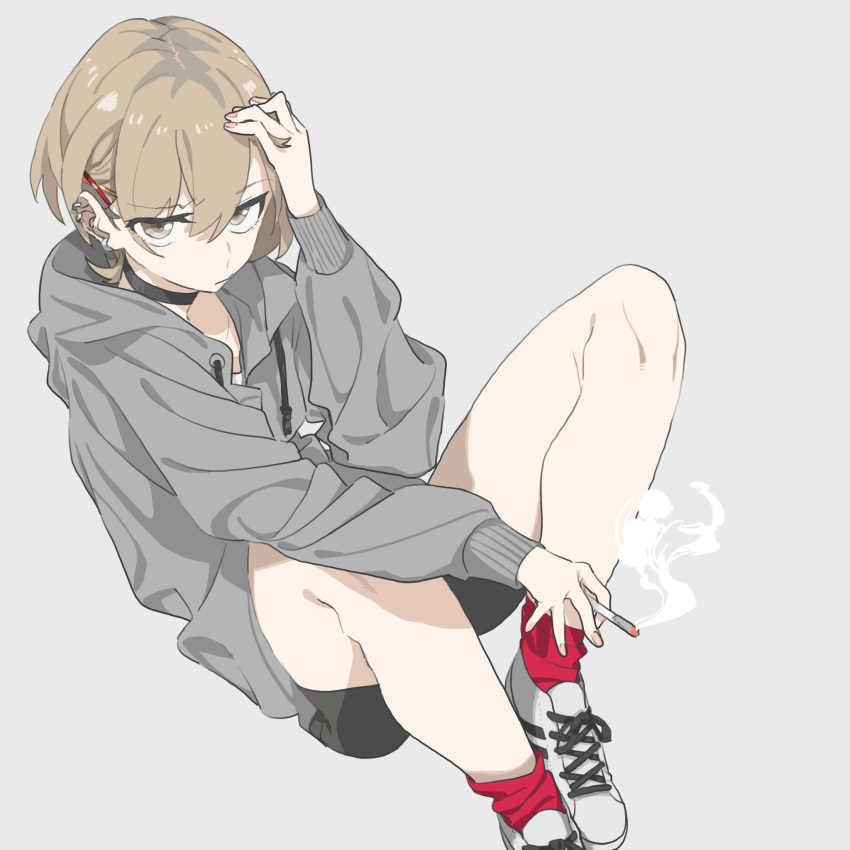 1girl, black_shorts, brown_eyes, brown_hair, cigarette, drawstring, earrings, glaring