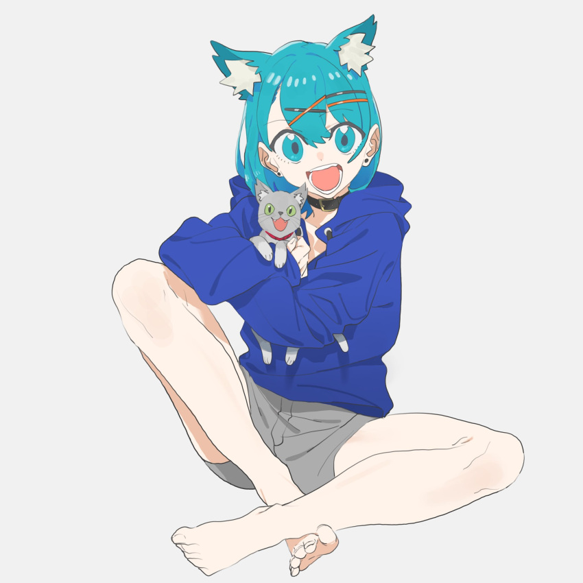 1girl, :d, animal, animal_ears, aqua_eyes, aqua_hair, bangs, barefoot
