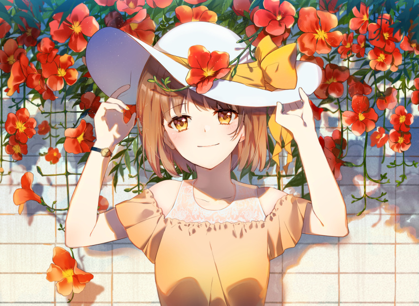 1girl, against_wall, arms_up, bangs, bare_shoulders, blush, bow, breasts, brown_eyes, brown_hair, closed_mouth, day, eyebrows_visible_through_hair, hands_on_headwear, hat, hat_bow, nail_polish, omutatsu, orange_nails, original, outdoors, short_hair, short_sleeves, small_breasts, solo, sun_hat, trumpet_creeper, watch, watch, white_hat