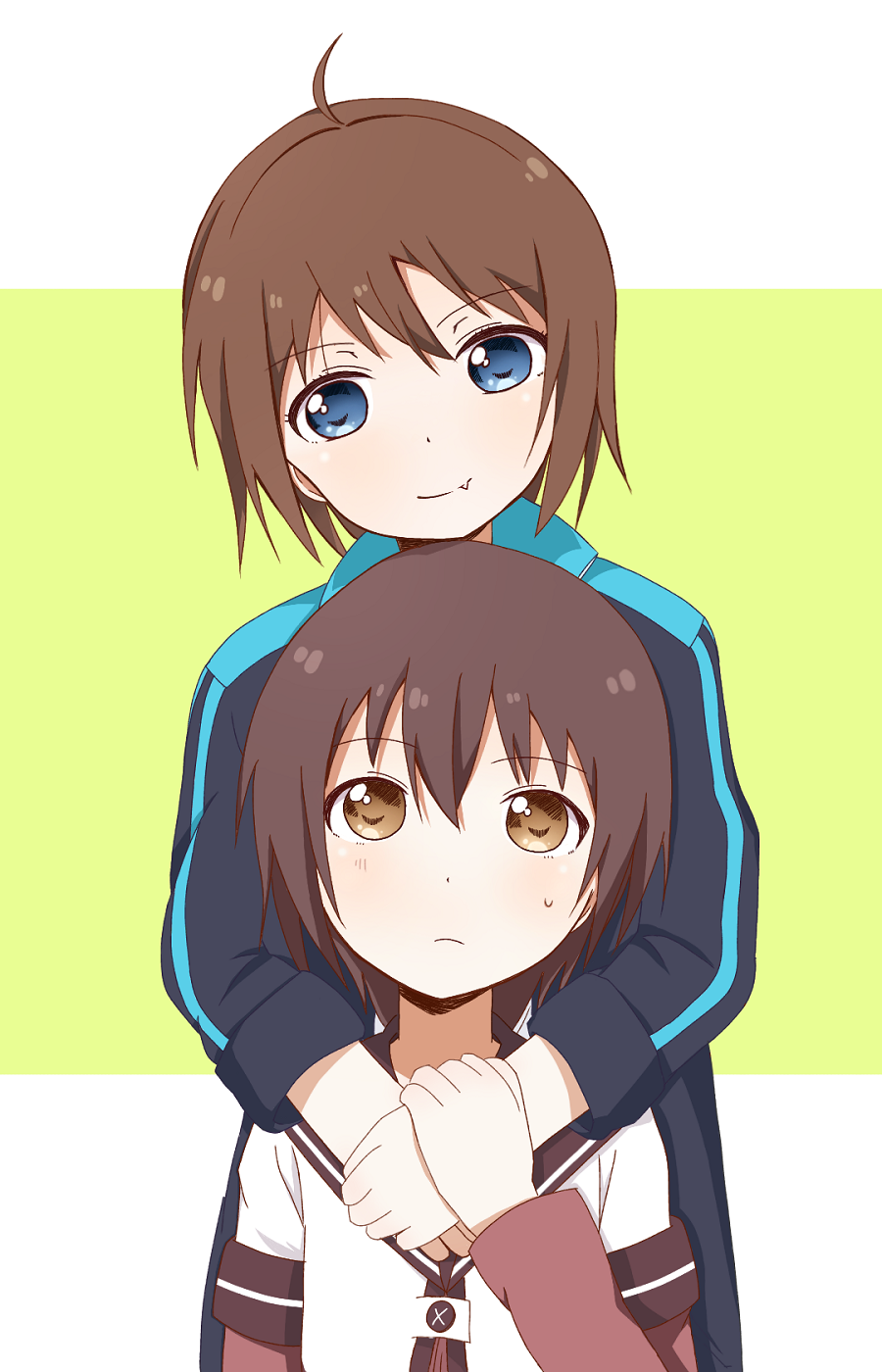 2girls, ahoge, arm_around_neck, bangs, blue_eyes, blush, brown_eyes, brown_hair, expressionless, eyebrows_visible_through_hair, fang, funami_yui, goron_(phde2424), gym_teacher, hair_between_eyes, hand_holding, highres, hug, hug_from_behind, jacket, long_sleeves, looking_at_another, looking_at_viewer, minamino_tsubasa, multiple_girls, nanamori_school_uniform, school_uniform, serafuku, short_hair, smile, sweatdrop, teacher, teacher_and_student, track_jacket, track_suit, yuri, yuru_yuri