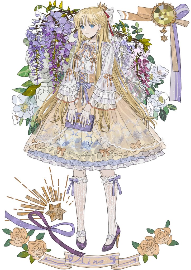 1girl, aino_minako, alternate_costume, bishoujo_senshi_sailor_moon, bity3155660241, blonde_hair, blue_eyes, bow, character_name, closed_mouth, earrings, flower, frilled_sleeves, frills, gem, hair_bow, high_heels, jewelry, kneehighs, lolita_fashion, long_hair, purple_footwear, purple_ribbon, ribbon, rose, see-through, simple_background, solo, standing, star, sweet_lolita, v_arms, veil, very_long_hair, white_flower, white_rose, wisteria