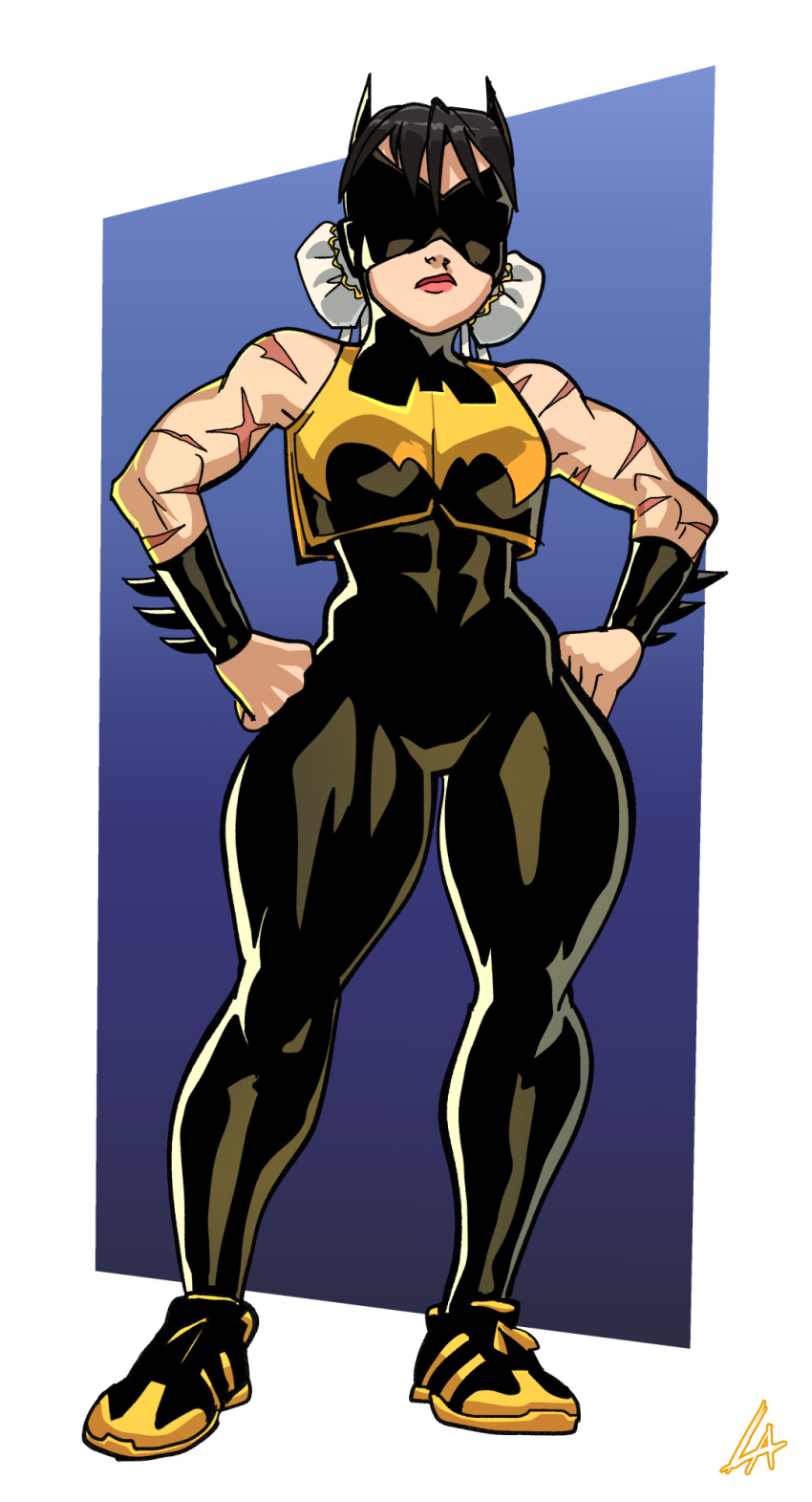1girl, bat, batgirl, black_hair, bodysuit, bracelet, bun_cover, capcom