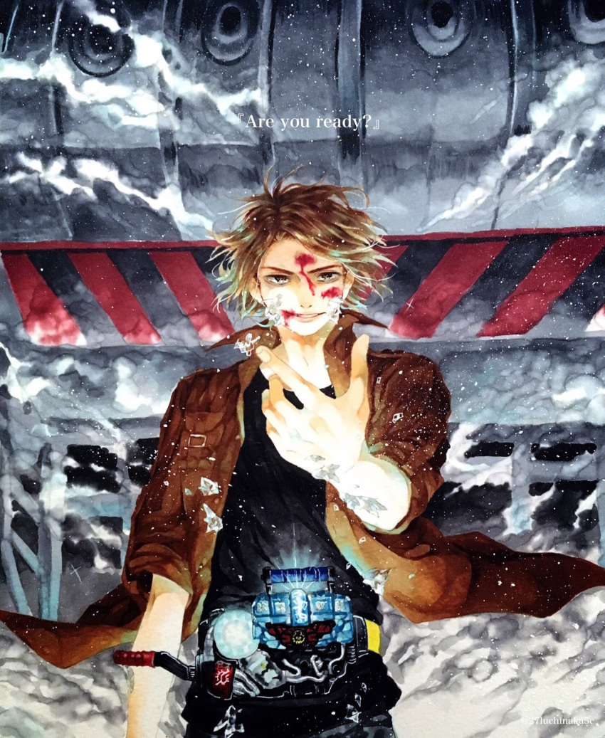 1boy, blood, blood_on_face, brown_hair, frozen, henshin, highres, ice