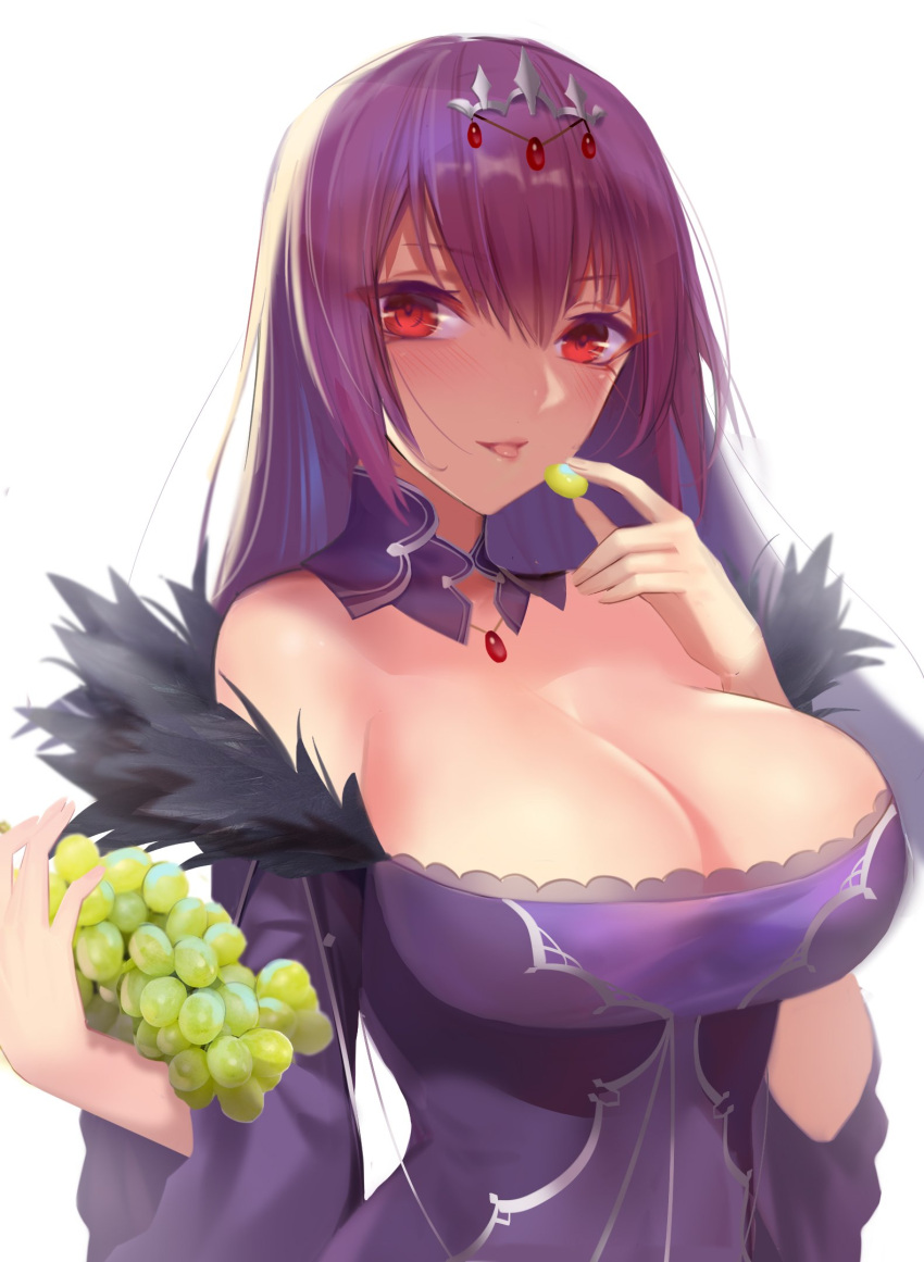 1girl, bangs, bare_shoulders, breasts, cleavage, dress, eating, eyebrows_visible_through_hair