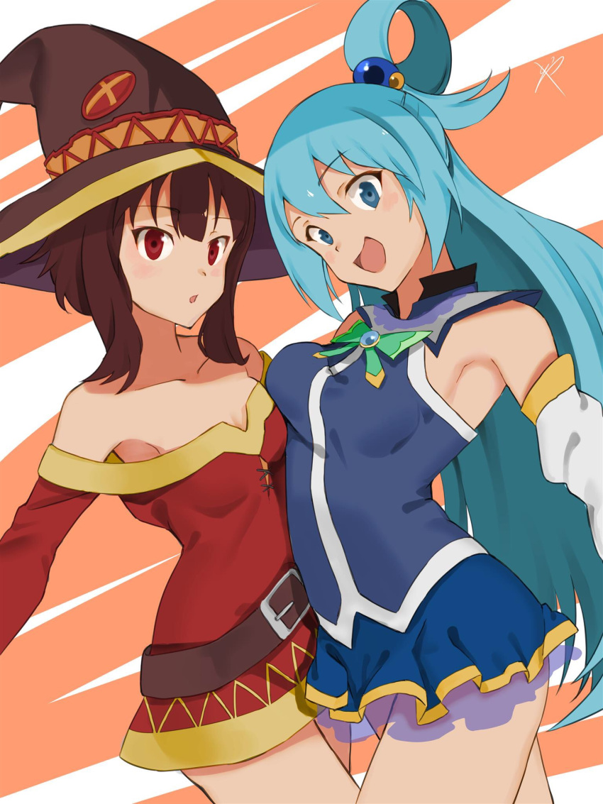 2girls, aqua_(konosuba), aqua_hair, arm_warmers, armpits, asymmetrical_docking, bare_shoulders, belt, blue_eyes, breast_press, breasts, brown_hair, cleavage, cowboy_shot, cross-laced_clothes, dress, hair_bobbles, hair_ornament, hair_rings, hat, highres, kono_subarashii_sekai_ni_shukufuku_wo!, long_hair, looking_at_viewer, medium_breasts, megumin, miniskirt, multiple_girls, open_mouth, red_eyes, reeya, short_dress, short_hair, signature, skirt, small_breasts, smile, witch_hat