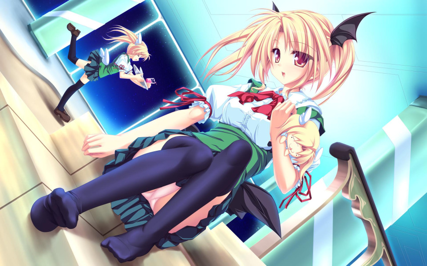 blonde_hair, bow, doll, drink, dutch_angle, feet, highres, magus_tale