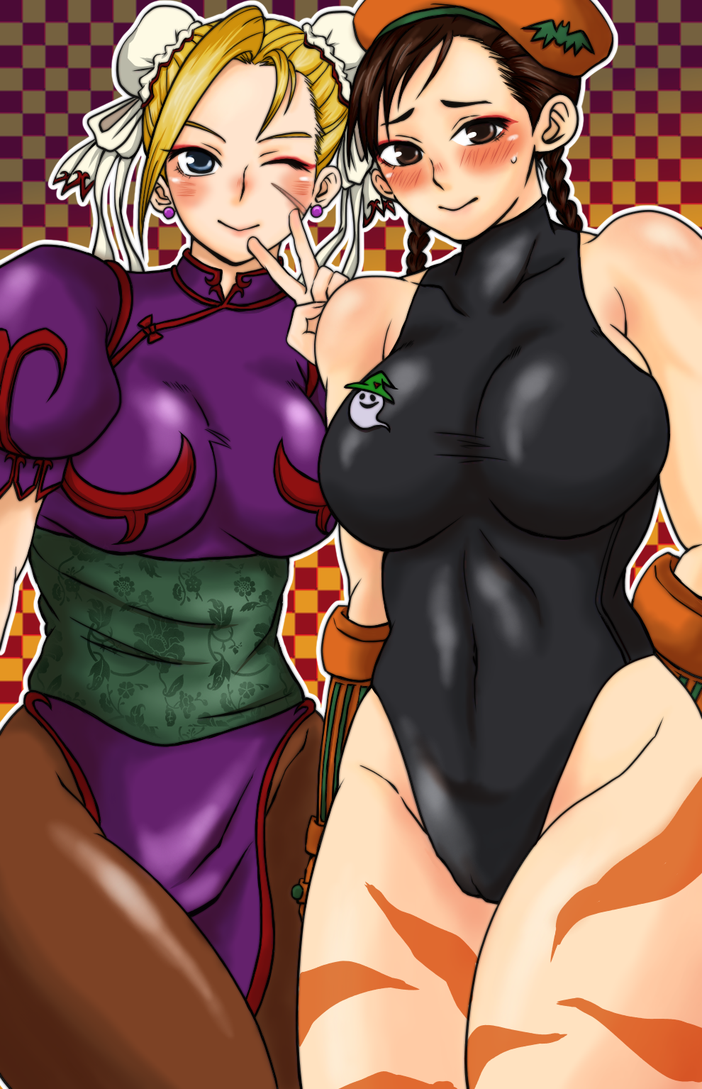 2girls, alternate_color, alternate_hairstyle, bangs, bare_legs, blonde_hair, blue_eyes, blush
