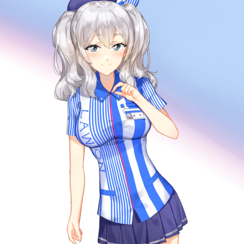 1girl, alternate_costume, beret, blouse, blue_eyes, blush, breasts, cowboy_shot
