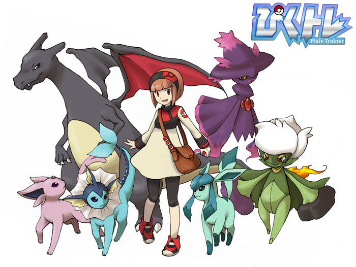 1girl, alternate_color, bag, bangs, blunt_bangs, brown_hair, charizard, dragon