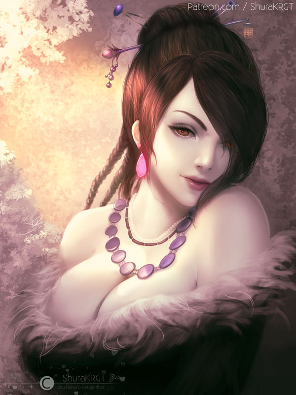 1girl, artist_name, bangs, bare_shoulders, black_hair, breasts, brown_eyes, brown_hair, cleavage, commentary, dress, earrings, english_commentary, final_fantasy, final_fantasy_x, fur_trim, hair_ornament, hair_over_one_eye, jewelry, large_breasts, lipstick, long_hair, looking_at_viewer, lulu_(ff10), makeup, necklace, pale_skin, shurakrgt, solo, strapless, swept_bangs