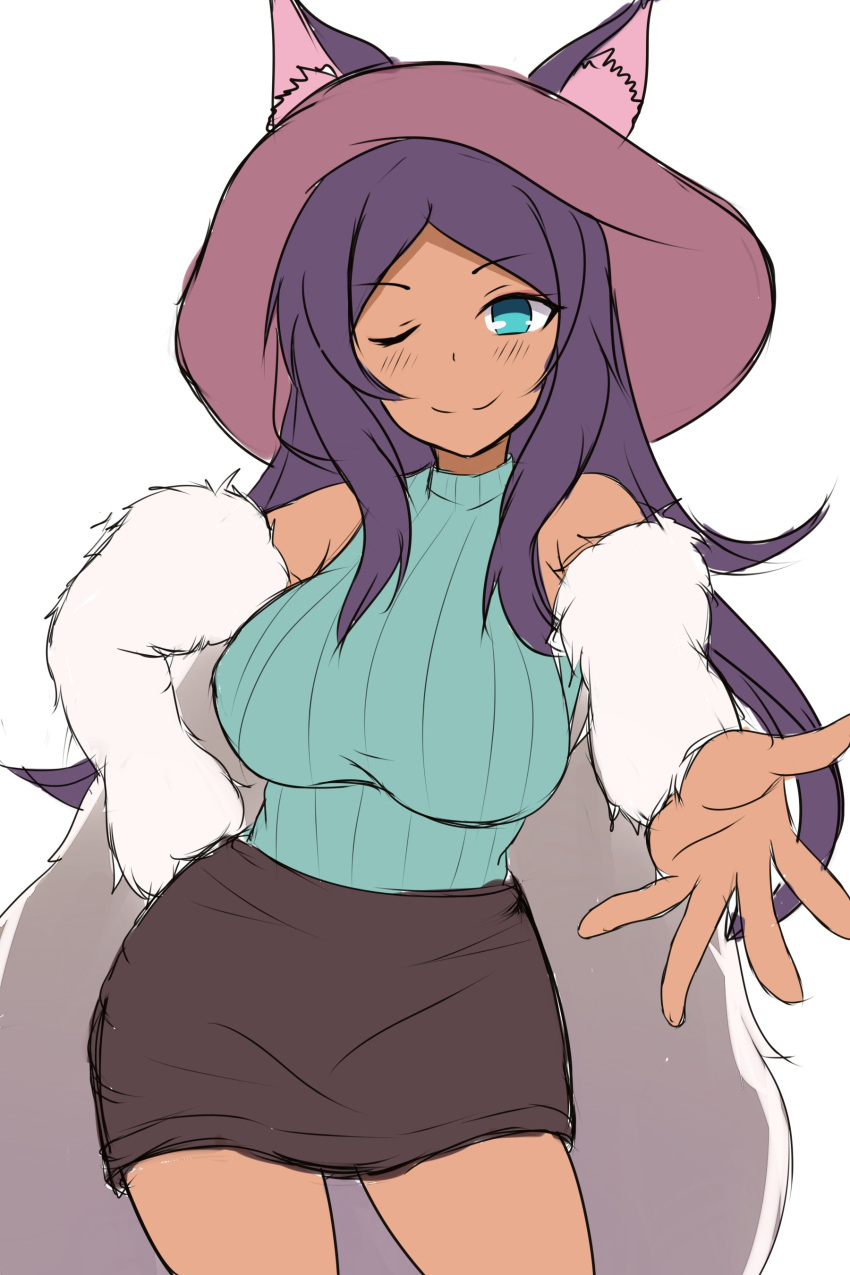 ;), absurdres, animal_ears, bangs, bare_shoulders, blue_eyes, blush, breasts, brown_skirt, closed_mouth, commentary_request, dark_skin, ears_through_headwear, eyebrows_visible_through_hair, fate/grand_order, fate_(series), fur, green_sweater, hat, highres, large_breasts, mitchi, one_eye_closed, outstretched_arm, parted_bangs, pink_hat, queen_of_sheba_(fate/grand_order), ribbed_sweater, simple_background, sketch, skirt, sleeveless, smile, sweater, v-shaped_eyebrows, violet_eyes, white_background