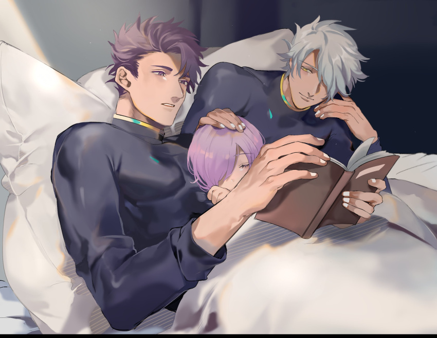 1girl, 2boys, bodysuit, book, child, commentary, commentary_request, family, fate/grand_order, fate_(series), father_and_son, galahad_(fate), hand_on_another's_head, highres, lancelot_(fate/grand_order), looking_at_another, mash_kyrielight, multiple_boys, nari_(kal_brot), pillow, purple_hair, reading, silver_hair, sleeping, sleeping_on_person, under_covers, white_pillow