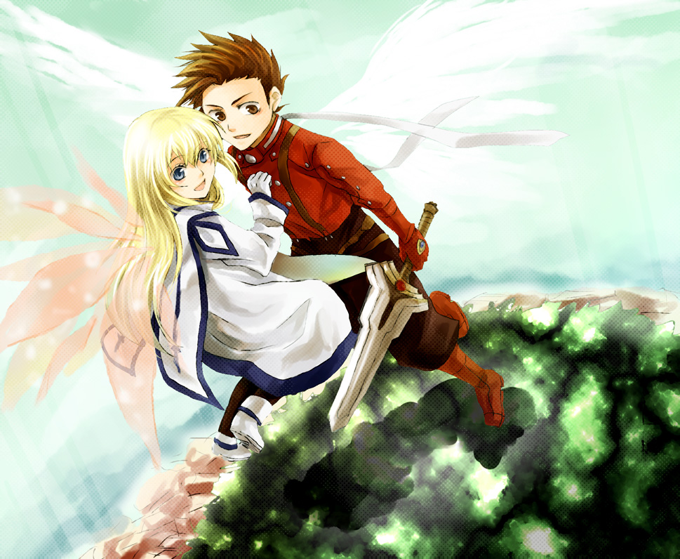 1girl, blonde_hair, blue_eyes, brown_eyes, brown_hair, colette_brunel, lloyd_irving, long_hair, pantyhose, shion_(artist), shion_(kizuro), spoilers, sword, tales_of_(series), tales_of_symphonia, weapon, wings