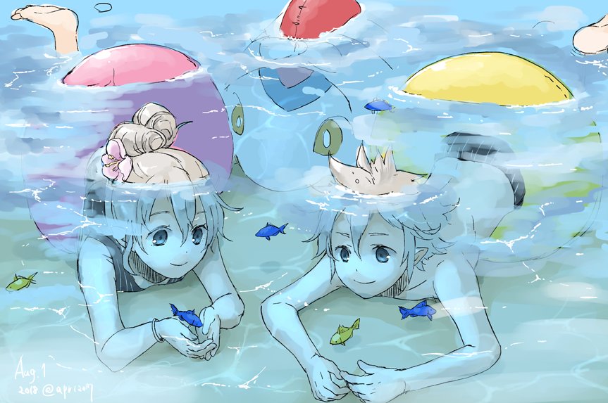 1boy, 1girl, bikini, bracelet, brother_and_sister, child, closed_mouth, fire_emblem