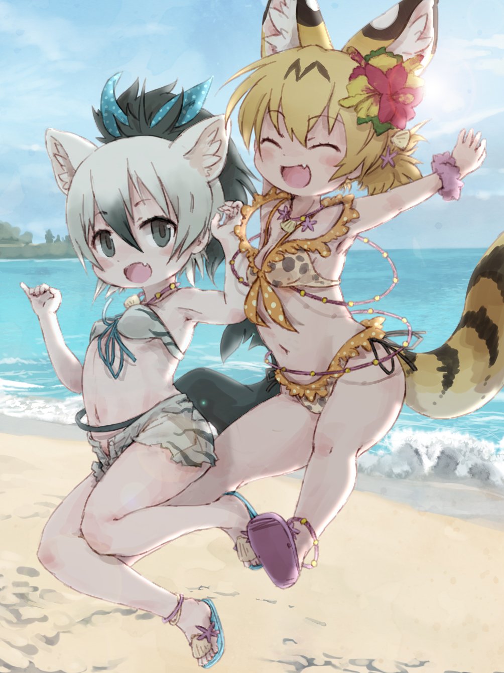 :d, ^_^, aardwolf_(kemono_friends), aardwolf_ears, aardwolf_tail, alternate_costume, animal_ears, ankleband, arms_up, beach, bikini, black_eyes, black_hair, blonde_hair, blue_footwear, blue_ribbon, blue_sky, blush, clam_shell, closed_eyes, closed_eyes, clouds, day, extra_ears, eyebrows_visible_through_hair, fang, flower, hair_between_eyes, hair_flower, hair_ornament, hair_ribbon, hibiscus, highres, horizon, jumping, kemono_friends, kemono_friends_festival, kolshica, multicolored_hair, navel, ocean, open_mouth, outdoors, pink_footwear, polka_dot_ribbon, ponytail, print_bikini, ribbon, sandals, scrunchie, serval_(kemono_friends), serval_ears, serval_tail, shell_hair_ornament, short_hair, short_ponytail, shorts, side-by-side, sky, smile, starfish_hair_ornament, swimsuit, tail, unbuttoned, white_bikini_top, white_hair, wrist_scrunchie, yellow_bikini