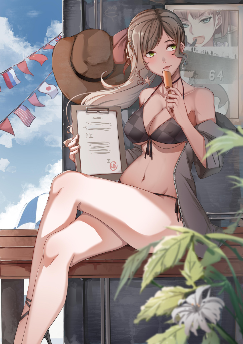 1girl, absurdres, bare_shoulders, bikini, blonde_hair, checkered, checkered_bikini, checkered_bikini_top