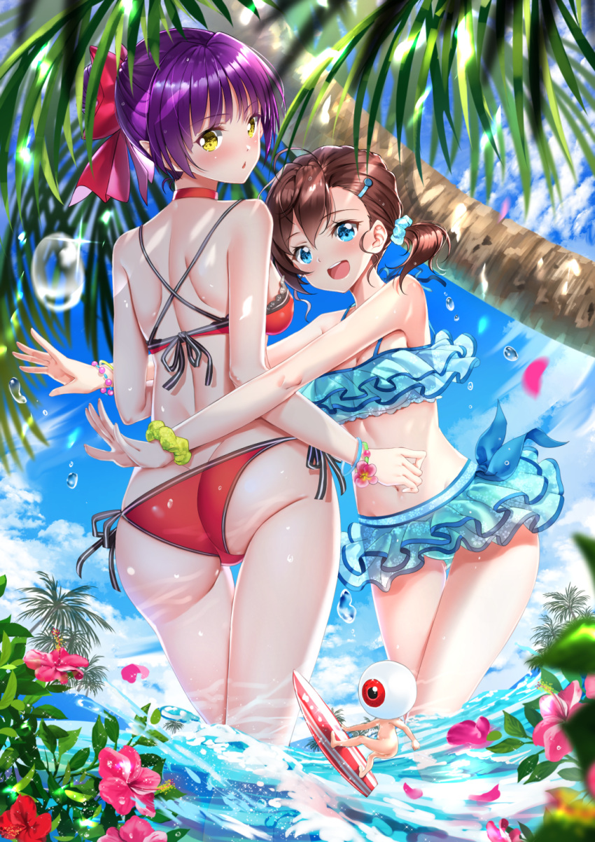 2girls, :d, ass, bangs, bare_arms, bare_shoulders, bikini, blue_bikini