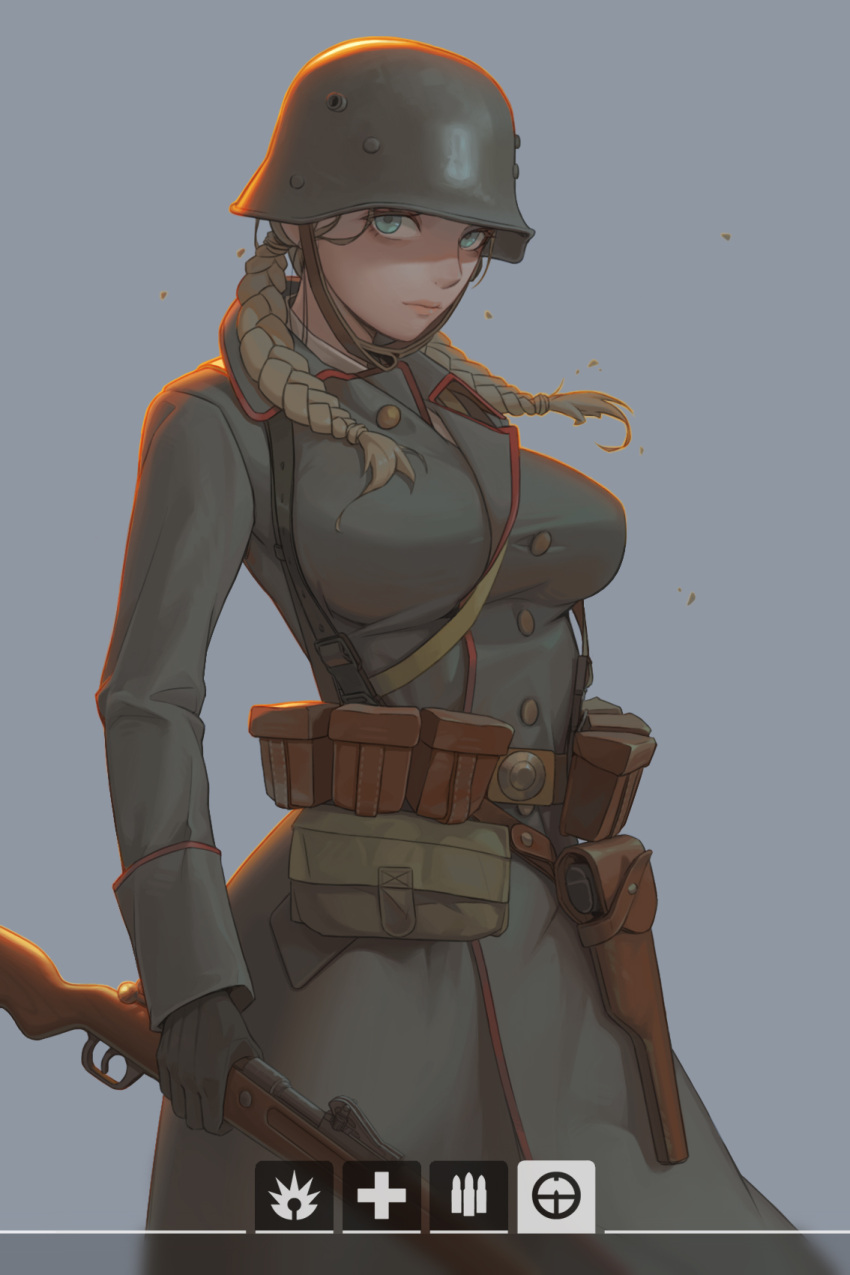 1girl, battlefield_(series), battlefield_1, belt, bk-201xwz, black_gloves, blonde_hair, blue_eyes, bolt_action, braid, breasts, expressionless, gewehr_98, gloves, grey_background, gun, helmet, highres, holding, holding_gun, holding_weapon, holstered_weapon, large_breasts, lips, long_hair, looking_at_viewer, military, military_uniform, pouch, rifle, solo, twin_braids, uniform, utility_belt, weapon