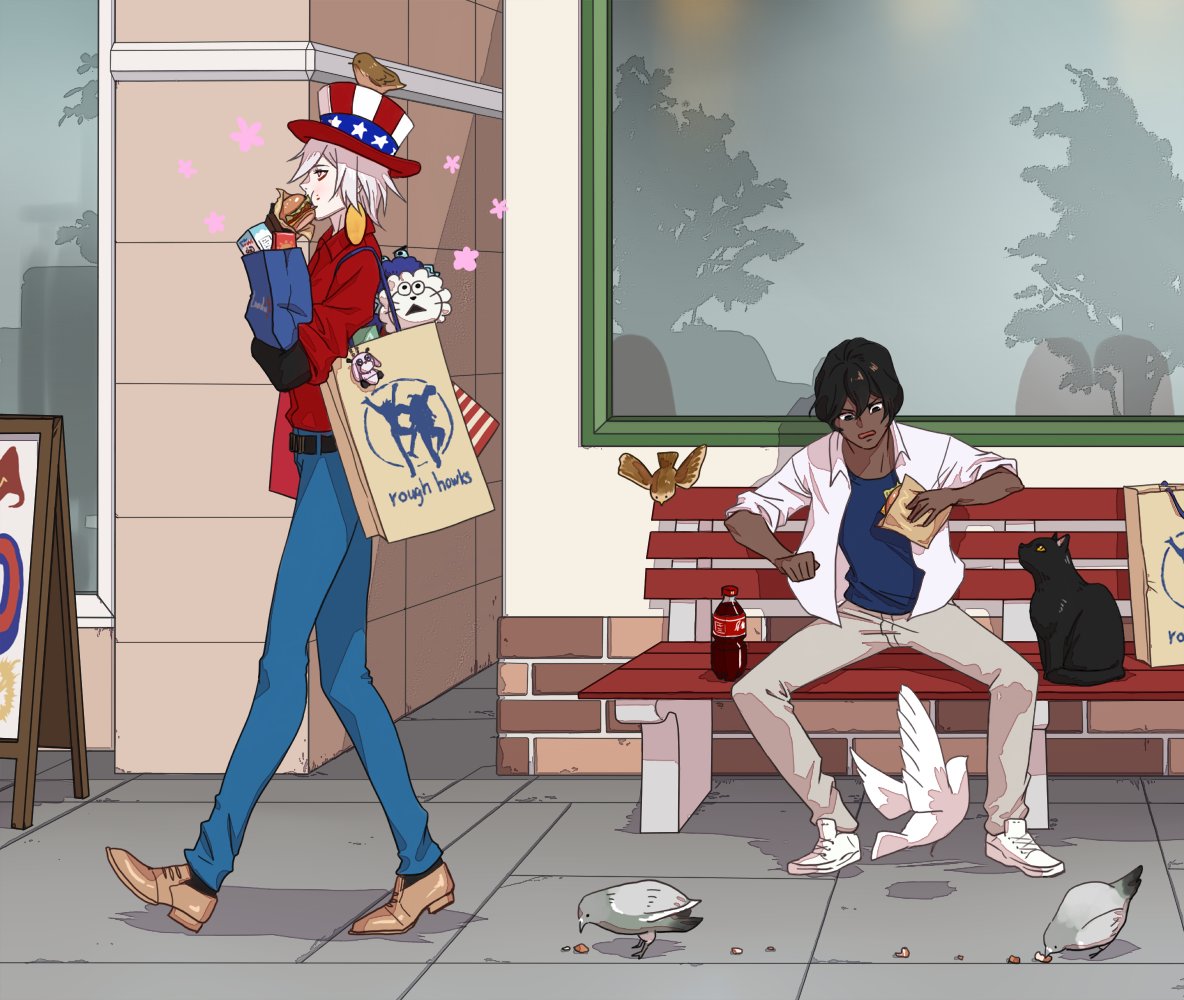 2boys, american_flag_hat, arjuna_(fate/grand_order), bag, bench, bird, black_hair, dark_skin