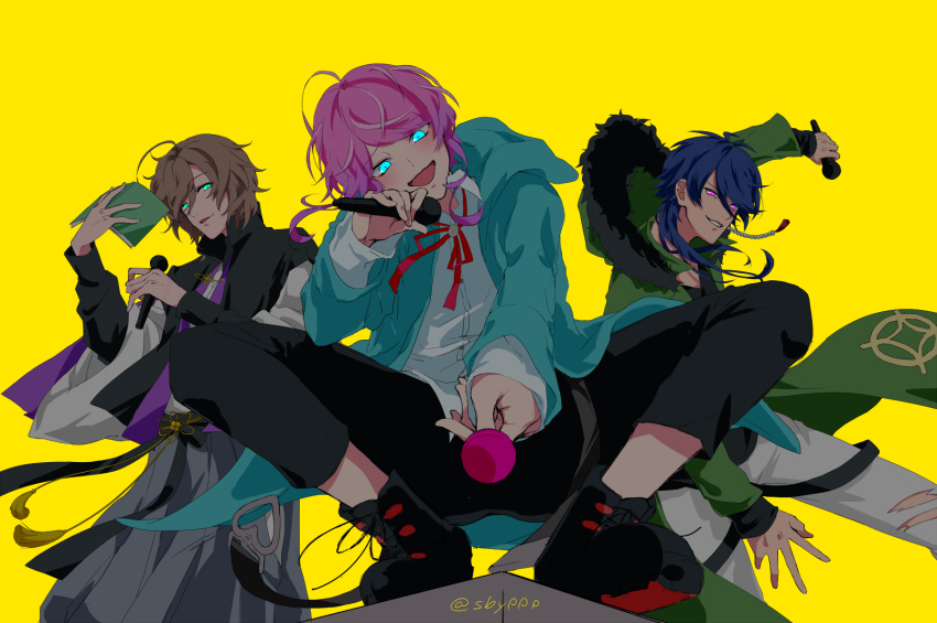 3boys, amemura_ramuda, arisugawa_dice, black_footwear, blue_eyes, blue_hair, blue_hoodie, book