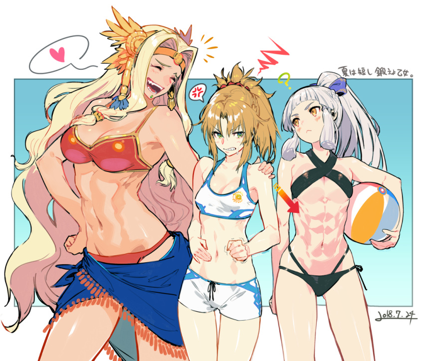 3girls, :<, :d, ?, abs, anger_vein, ball, bare_shoulders
