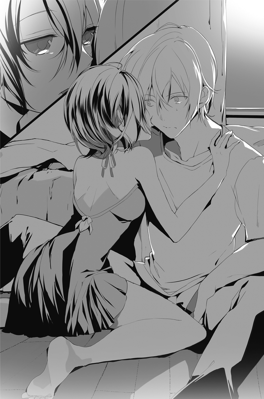 1boy, 1girl, akatsuki_kojou, backless_dress, backless_outfit, barefoot, bed, bedroom