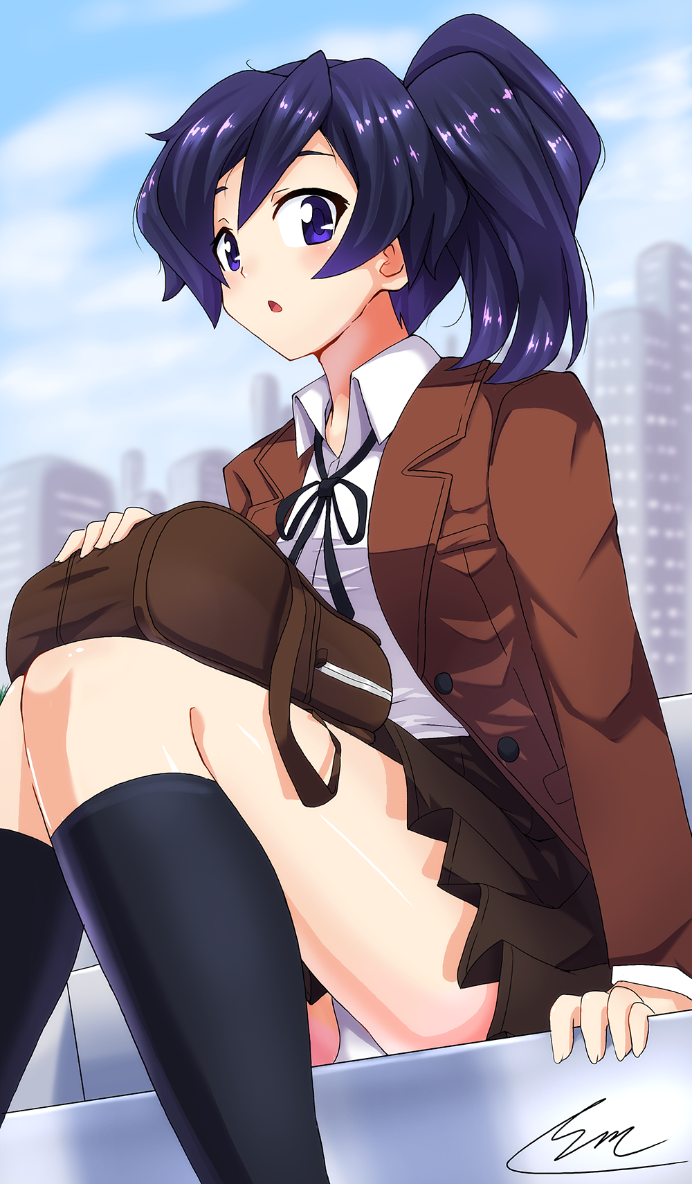 1girl, bag, bangs, black_legwear, black_ribbon, blazer, building, clouds