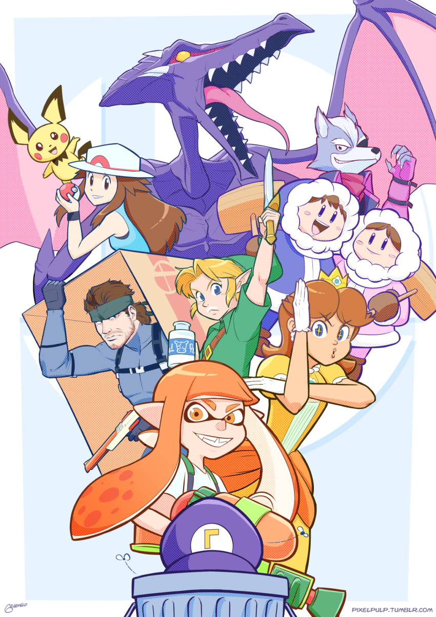 4boys, 4girls, alien, beard, blonde_hair, blue_(pokemon), blue_eyes, box