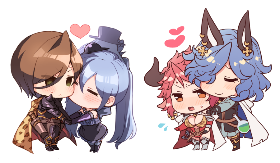 1boy, 3girls, :<, =_=, animal_ears, animal_print, apollonia_vaar, armored_boots