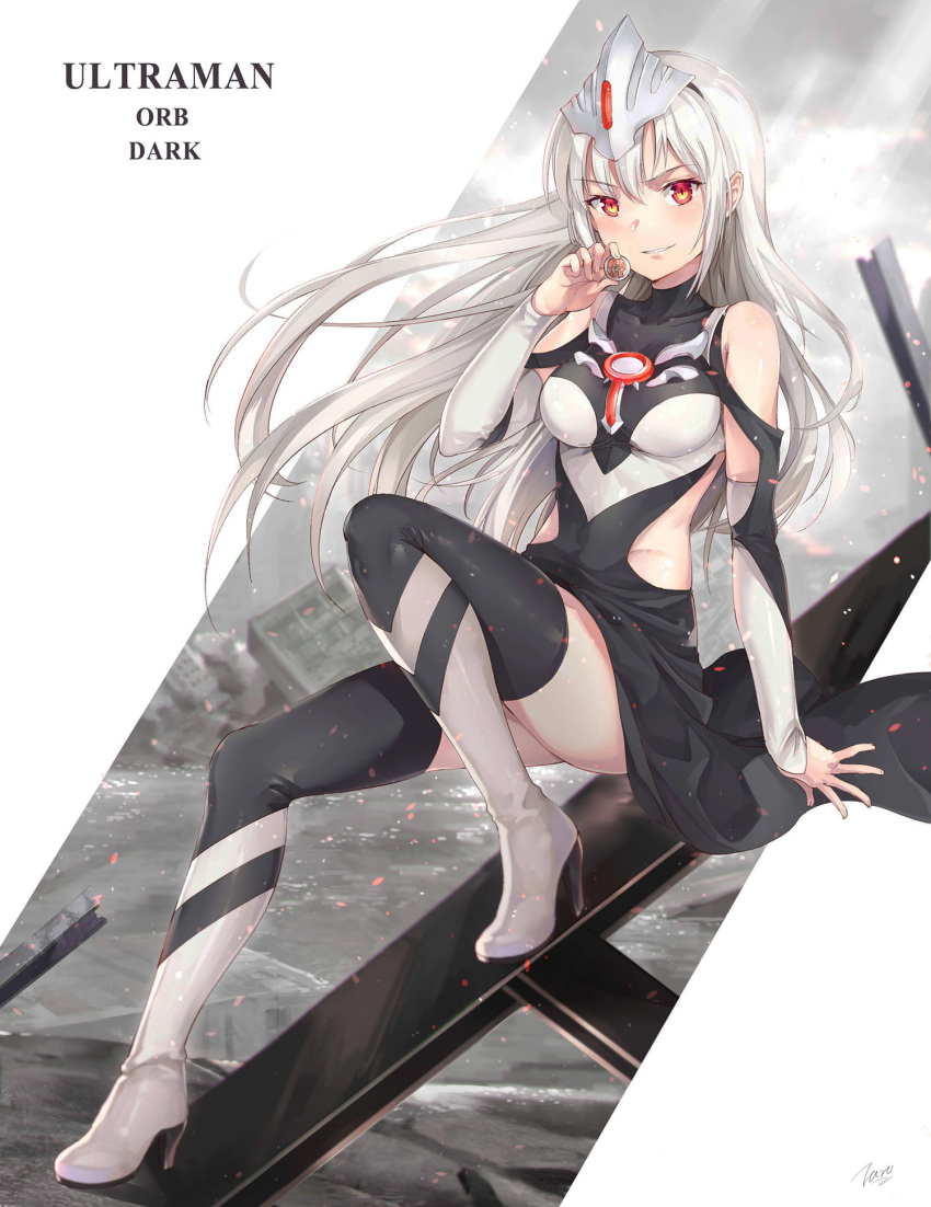 1girl, bangs, bare_shoulders, black_dress, black_footwear, black_hairband, blush, boots, breasts, character_name, commentary, covered_collarbone, day, debris, dress, english, eyebrows_visible_through_hair, fingernails, floating_hair, full_body, genderswap, genderswap_(mtf), grey_footwear, grey_hair, hair_between_eyes, hairband, headgear, high_heel_boots, high_heels, highres, holding, humanization, knee_up, light_particles, light_rays, long_hair, long_sleeves, looking_at_viewer, medium_breasts, multicolored, multicolored_eyes, outdoors, red_eyes, ruins, shiny, shiny_skin, sidelocks, signature, slit_pupils, smirk, solo, sunlight, taro_(ultrataro), thigh-highs, thigh_boots, turtleneck, ultra_series, ultraman_orb_dark, ultraman_r/b, very_long_hair, wind, yellow_eyes