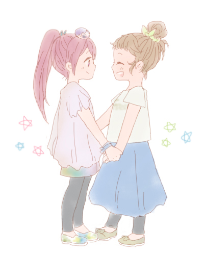 2girls, brown_hair, child, free!, hair_bun, hanamura_chigusa, long_hair, looking_at_another