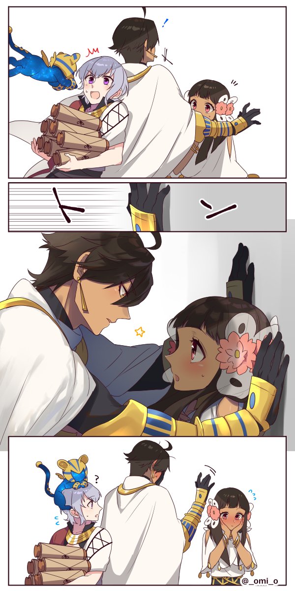 1girl, 2boys, bangs, blunt_bangs, blush, bracelet, brown_hair, cape